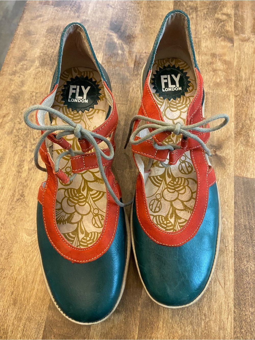 Fly London Teal and Orange Leather Lace-Up Wedge Shoes